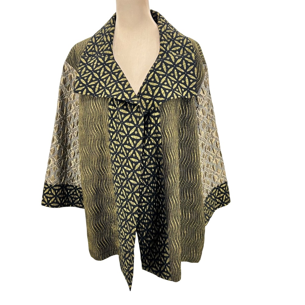Chicos Travelers Womens 3‎ Metallic Gold Black Mixed Texture Open Front Jacket